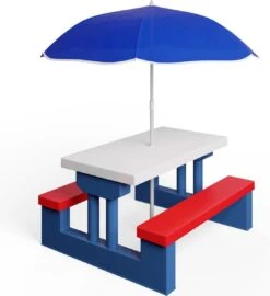 Merkloos Kinder Picknicktafel Met Parasol - Blauw -Camping Korting 1097x1200