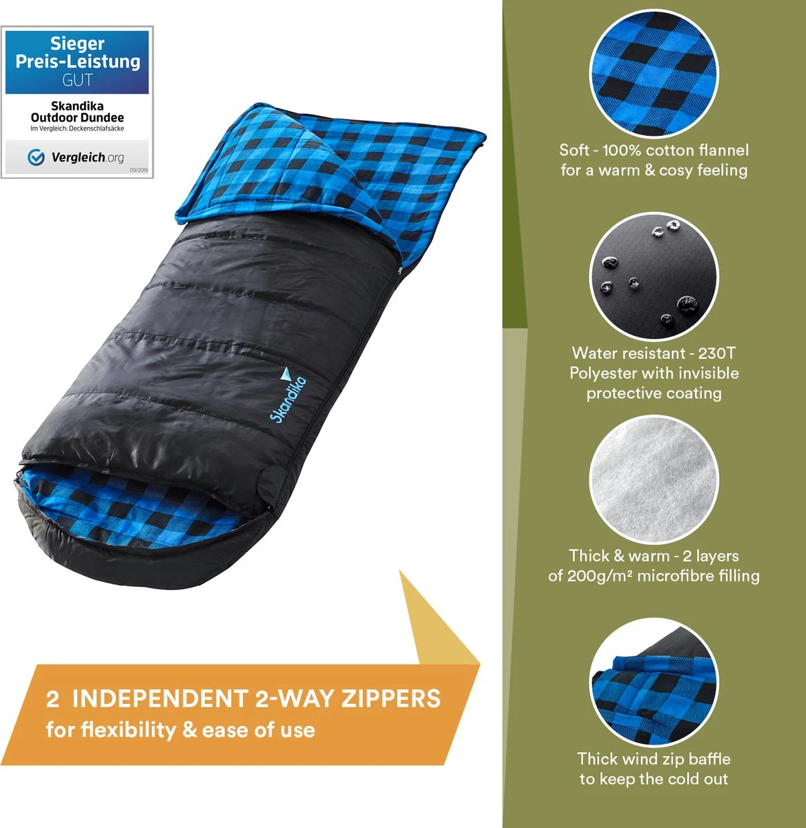 Skandika Dundee Flannel-L Slaapzak – Mummmieslaapzakken – Slaapzakken Volwassen - Maat M – Unisex - Katoen, Luxe Kwaliteit, Dubbele Slaapzak, 3 Seizoenen, Tot -20°C - 220 X 80 Cm - Outdoor Kampeerslaapzak – Ritssluiting Links - Zwart/blauw 5 Skandika Dundee Flannel-L Slaapzak – Mummmieslaapzakken – Slaapzakken Volwassen - Maat M – Unisex - Katoen, Luxe Kwaliteit, Dubbele Slaapzak, 3 Seizoenen, Tot -20°C - 220 X 80 Cm - Outdoor Kampeerslaapzak – Ritssluiting Links - Zwart/blauw - Afbeelding 5