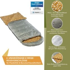 Skandika Dundee Flannel-R Slaapzak – Slaapzakken – Slaapzakken Volwassen - Maat M – Unisex - Katoen, Luxe Kwaliteit, Dubbele Slaapzak, 3 Seizoenen, Tot -20°C - 220 X 80 Cm - Outdoor Kampeerslaapzak – Ritssluiting Rechts - Grijs/geel -Camping Korting 1195x1200 1