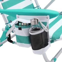 Strandstoel Met Afneembare Hoofdsteun, Draagbare Klapstoel, Campingstoel, Rugleuning Tot 180° Verstelbaar, Met Bekerhouder En Zijvak, Groene En Witte Strepen GCB62JW -Camping Korting 1199x1200