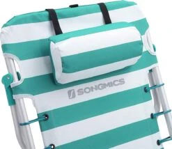 Strandstoel Met Afneembare Hoofdsteun, Draagbare Klapstoel, Campingstoel, Rugleuning Tot 180° Verstelbaar, Met Bekerhouder En Zijvak, Groene En Witte Strepen GCB62JW -Camping Korting 1200x1038