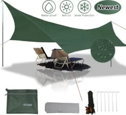 Merkloos BRGOOD Tarps - Shelter - Rechthoek - 240*220cm - Waterdicht - Met Scheerlijnen En Haringen - Geen Stokken - Voor Kamperen - Groen -Camping Korting 1200x1098 3