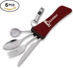 Roestvrij Staal Bestek (kampeerset) – Draagbare Reislepels, -vork En -mes Voor Festivals, Camping Of Trektochten - Wordt Geleverd Met Een Neopreen Draagtasje Met Een Lichtgewicht Flesopener