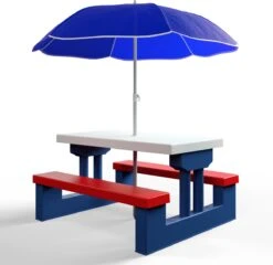 Merkloos Kinder Picknicktafel Met Parasol - Blauw -Camping Korting 1200x1167