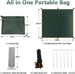 Merkloos BRGOOD Tarps - Shelter - Rechthoek - 240*220cm - Waterdicht - Met Scheerlijnen En Haringen - Geen Stokken - Voor Kamperen - Groen -Camping Korting 1200x1192 8