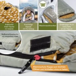 Skandika Dundee Flannel-R Slaapzak – Slaapzakken – Slaapzakken Volwassen - Maat M – Unisex - Katoen, Luxe Kwaliteit, Dubbele Slaapzak, 3 Seizoenen, Tot -20°C - 220 X 80 Cm - Outdoor Kampeerslaapzak – Ritssluiting Rechts - Grijs/geel -Camping Korting 1200x1200 440