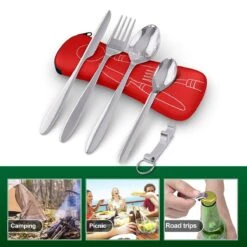 Roestvrij Staal Bestek (kampeerset) – Draagbare Reislepels, -vork En -mes Voor Festivals, Camping Of Trektochten - Wordt Geleverd Met Een Neopreen Draagtasje Met Een Lichtgewicht Flesopener -Camping Korting 1200x1200 638