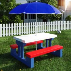 Merkloos Kinder Picknicktafel Met Parasol - Blauw -Camping Korting 1200x1200 80