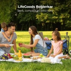 LifeGoods Bolderkar - Opvouwbaar - Tot 120KG - 103L - Extra Draagtas En Duwstang - Wasbaar Polyester - 98x45cm - Blauw/Grijs -Camping Korting 1200x1200 807