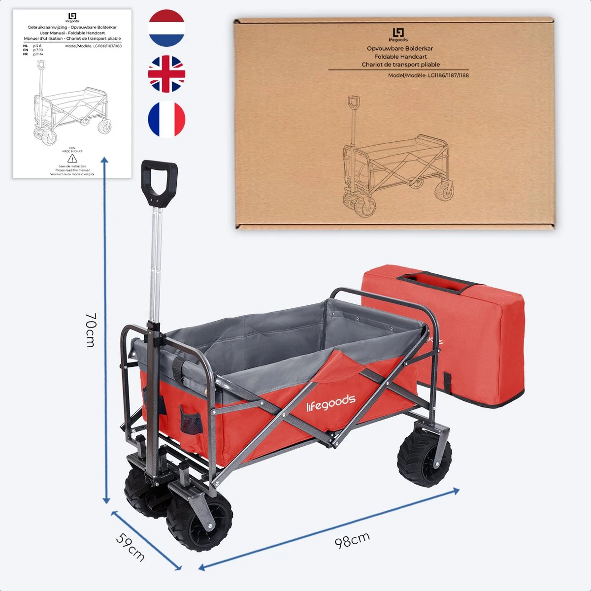 LifeGoods Bolderkar - Opvouwbaar - Tot 80KG - 94L - Wasbaar Polyester - 98x45cm - Rood/Grijs 6 LifeGoods Bolderkar - Opvouwbaar - Tot 80KG - 94L - Wasbaar Polyester - 98x45cm - Rood/Grijs - Afbeelding 6