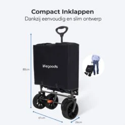 LifeGoods Bolderkar - Opvouwbaar - Tot 120KG - 103L - Extra Draagtas En Duwstang - Wasbaar Polyester - 98x45cm - Zwart/Grijs -Camping Korting 1200x1200 884