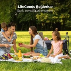 LifeGoods Bolderkar - Opvouwbaar - Tot 120KG - 103L - Extra Draagtas En Duwstang - Wasbaar Polyester - 98x45cm - Zwart/Grijs -Camping Korting 1200x1200 890