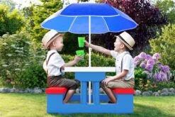Merkloos Kinder Picknicktafel Met Parasol - Blauw -Camping Korting 1200x800 5